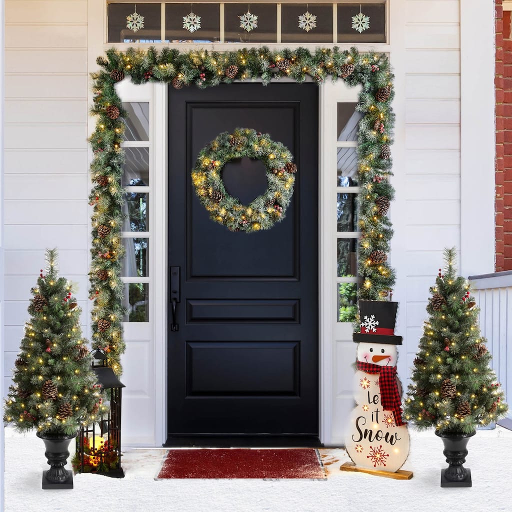 Glitzhome 4FT/5FT/6FT Artificial Flocked Pine Christmas Tree with Lights and Planter Holiday Porch Decor
