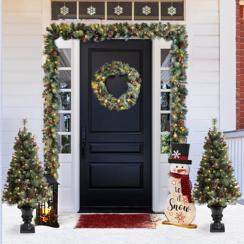 Glitzhome 4ft/5ft/6ft Flocked Pine Christmas Potted Porch Tree With Warm White Lights - Set of 5-4'Trees&Wreath&Garlands