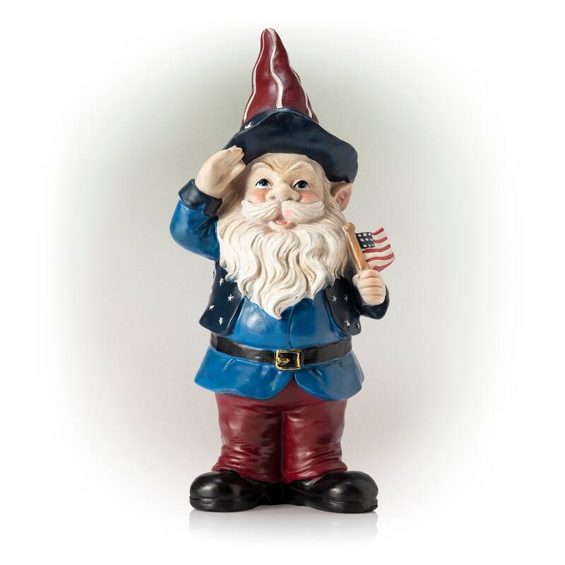 Alpine Corporation 12" Tall Outdoor Patriotic Garden Gnome Saluting Yard Statue Decoration