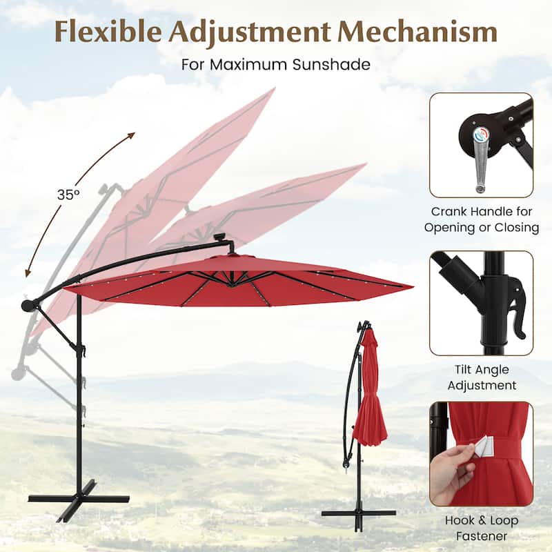Gymax 10ft Solar Patio Umbrella Outdoor Offset Hanging Umbrella w/ 40