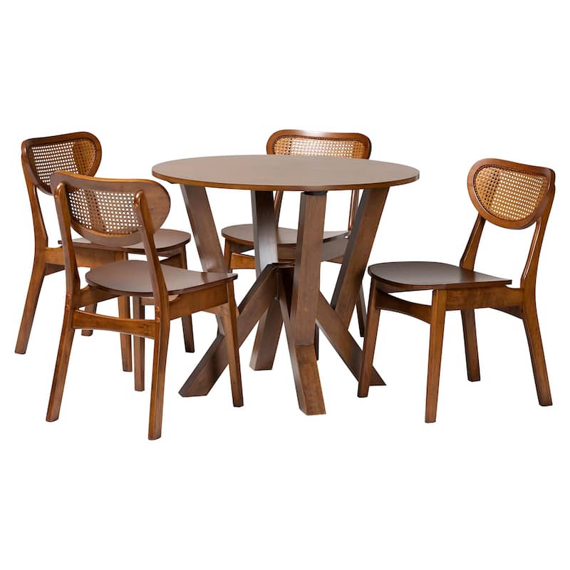 Crystal 5-Piece Dining Set - Mid-Century Modern Round Table and Chair Set for Dining Room, Kitchen, Apartment - Brown/Walnut Brown