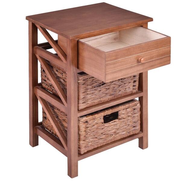 Shop Costway 3 Tiers Wood Nightstand 1 Drawer 2 Basket Bedside Table End Table Organizer Overstock 20489043