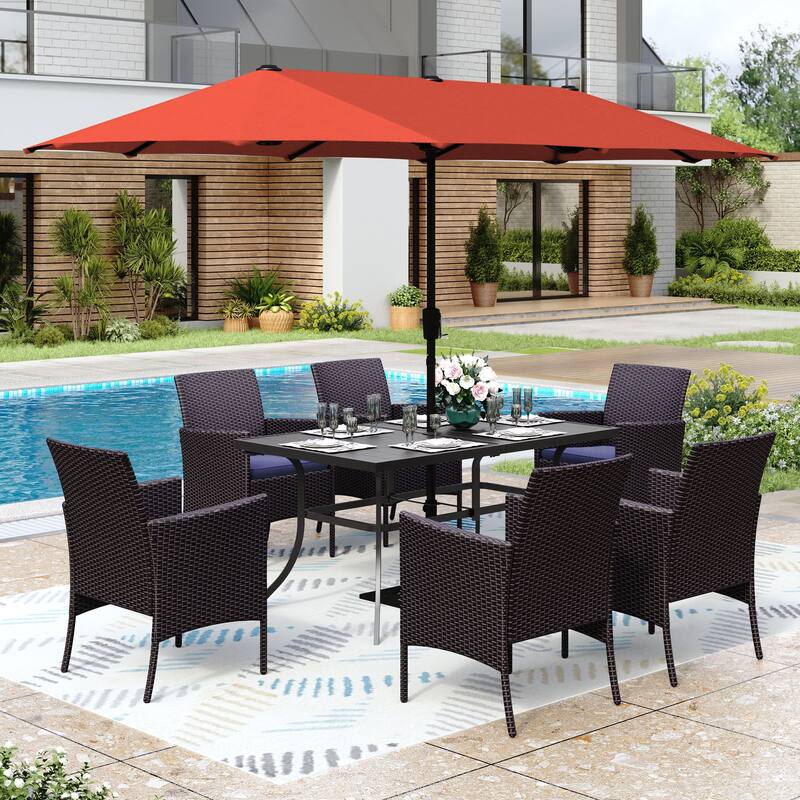 MAISON ARTS 7/8 Pieces Outdoor Patio Dining Set, 6 PE Rattan Chairs with Cushions and 1 Rectangle Metal Table