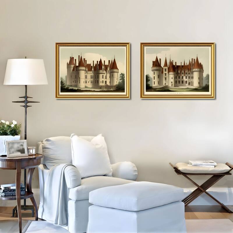 Set of 2 Vintage Castle Framed Wall Art - Replaceable Canvas Prints with Solid Wood Picture Frames, Antique Architecture