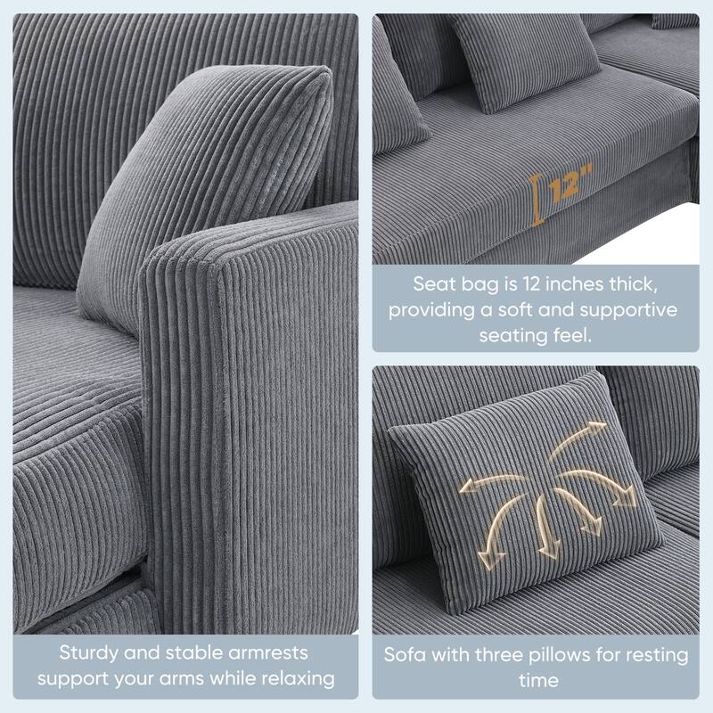 Oaks Aura Modern L-shaped Corduroy Sofa with Reversible Chaise, Upholstered Sectional Convertible Sleeper Couch with Pillows