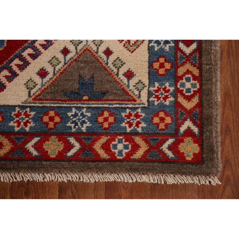 Geometric Brown Kazak Area Rug Handmade Wool Carpet - 6'7" x 9'10"