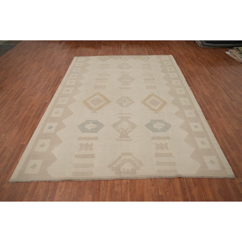 Hand Woven Oriental 100% Wool Carpet Southwestern Tribal Beige & Ivories Kilim Area Rug - 11' 8'' X 8' 11''