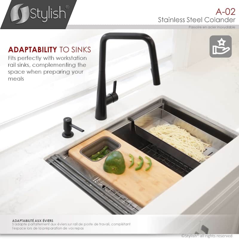 STYLISH Stainless Steel Over the Sink Colander with Non-slip Handle - 17" x 8" x 3"