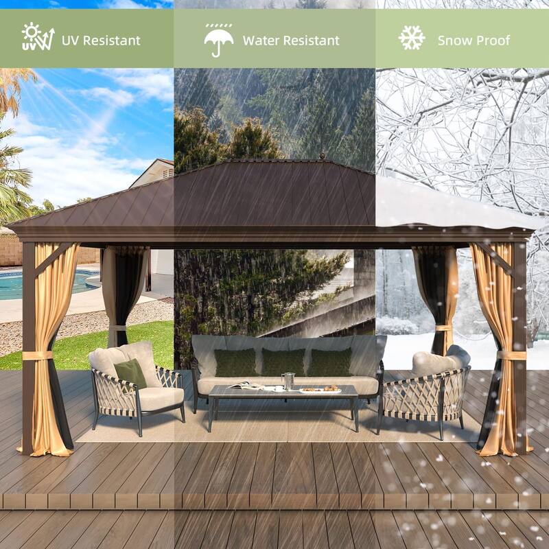 Outdoor Pro Series Galvanized Steel Hardtop Patio Gazebo Pergola w/Aluminum Frame, Prime Curtains and nettings include