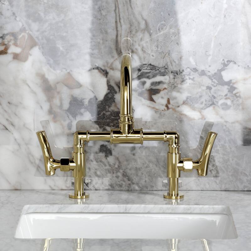 Kingston Brass Hallerbos Two-Handle 4-Hole Deck Mount Bridge Bathroom Faucet with Brass Pop-Up Drain