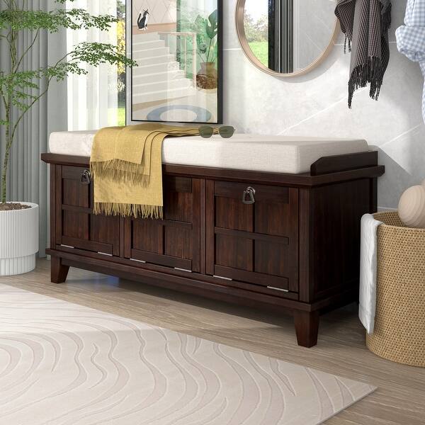 slide 2 of 25, Upholstered Storage Bench & Unique Removable Seat Cushion Design with 3 Drop Down Storage Doors and Spacious Storage Space