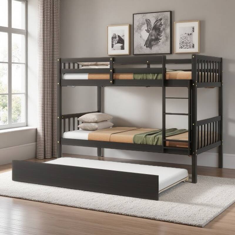 Twin Over Twin Rubberwood Bunk Bed with Pull-Out Trundle, Convertible into Two Separate Beds, Ladder and Safety Guardrails - Espresso