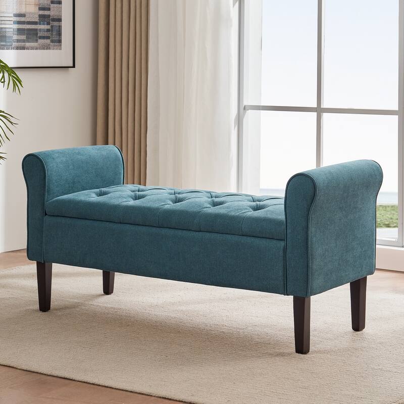 Upholstered Storage Bench Arm Bench Entryway Bench with Tufted Flip Top 50.4 Inches - Green