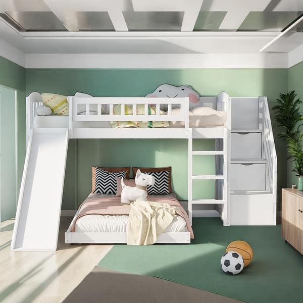 slide 2 of 38, Twin over Twin Bunk Bed with Two Drawers and Slide White