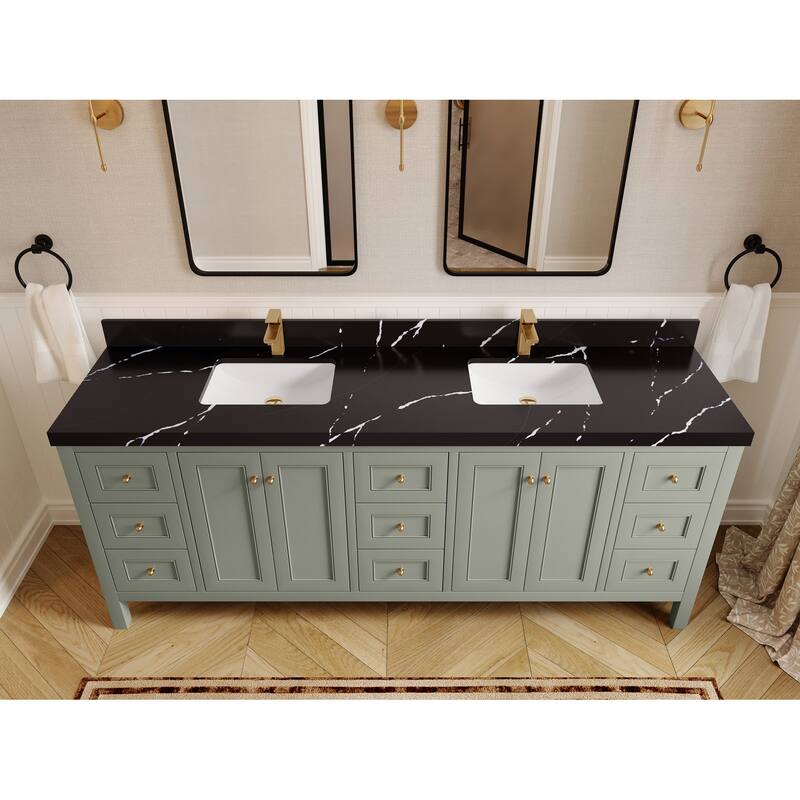 Willow Collections 84 in. W x 22 in. D Nashville Double Bowl Sink Bathroom Vanity with Countertop - 2"Calacatta Black - Evergreen