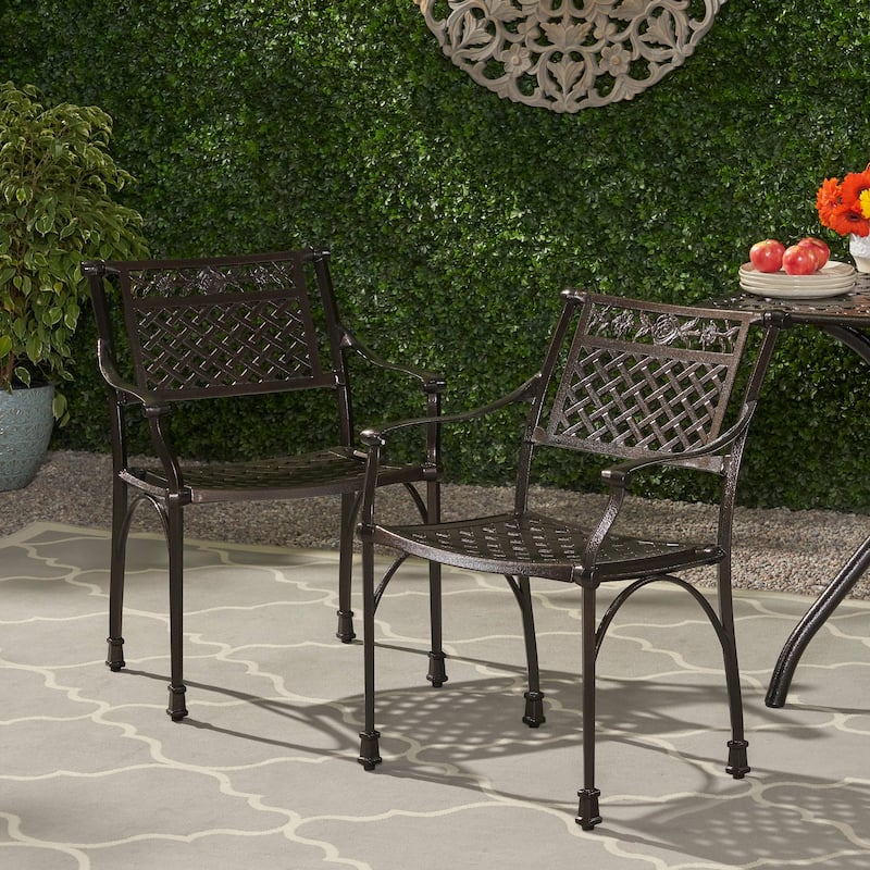Roomfitters Cast Aluminum Outdoor Chair Set with Lattice Backrest and Classic Arm Design for Patio or Garden Seating, Bronze