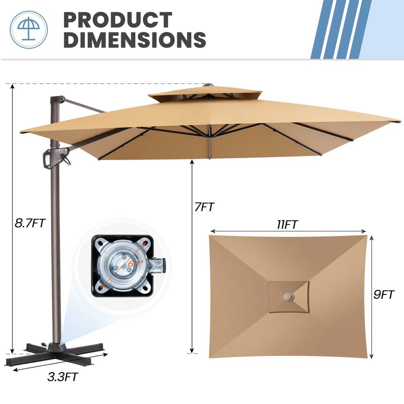 11 × 9 ft Outdoor Patio Cantilever Offset Dual Top Umbrella