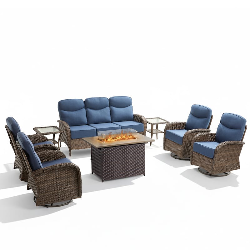 Meyreso 8-Piece Wicker Outdoor Patio Fire Pit Sofa Set with 6-Inch Thick Cushions