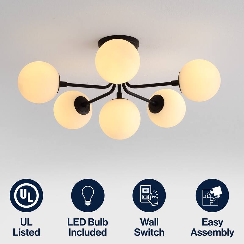 24" 6-Light Globe Modern Industrial Iron Bistro LED Semi Flush Mount, By JONATHAN Y