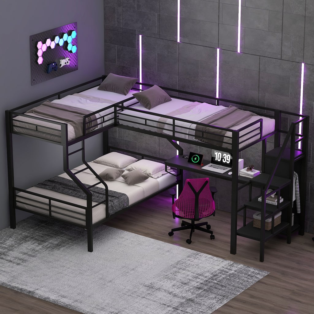 Metal L-Shaped Twin Over Full Bunk Bed with Loft Bed Frame Built-in Desk with USB, Staircase and Wardrobe for 3