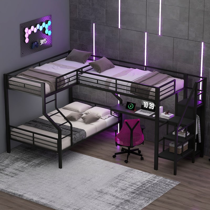 Metal L-Shaped Twin Over Full Bunk Bed with Loft Bed Frame Built-in Desk with USB, Staircase and Wardrobe for 3 - Black - Twin