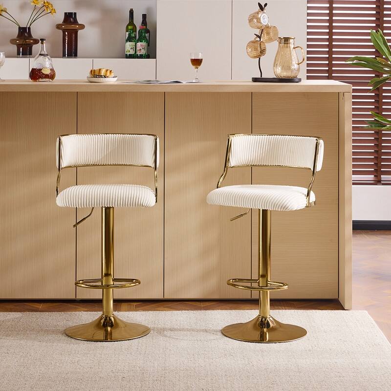 Corduroy Upholstered Adjustable Bar Stool with Gold Tone Base