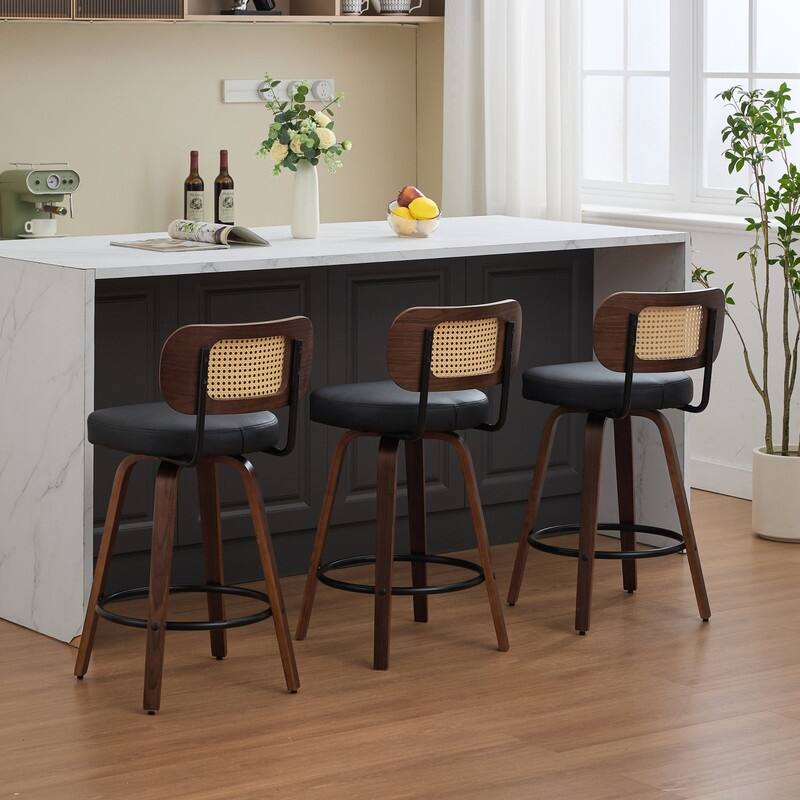 Grondin Swivel Counter Height Bar Stools Set, Rattan Backrest and PU Leather Upholstery Seat Counter Stools for Kitchen Island