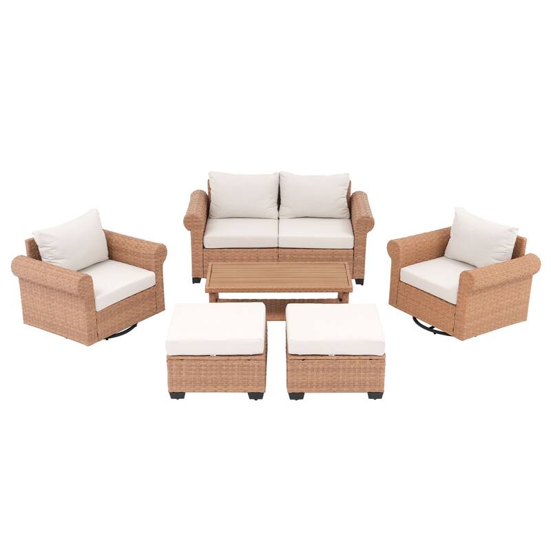 Outdoor 6-Piece PE Rattan Patio Conversation Set with Swivel Chairs
