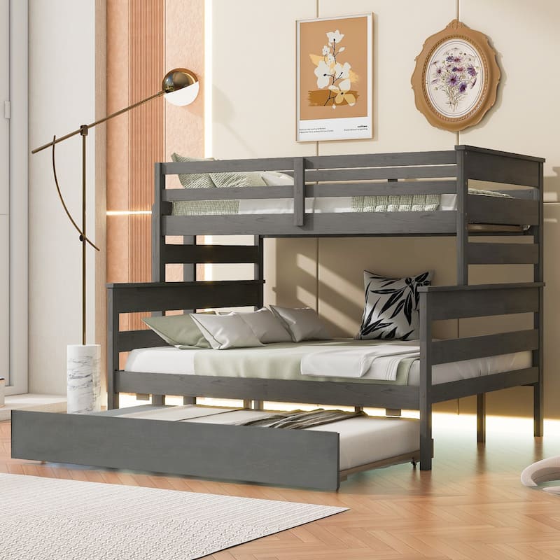 Detachable Wood Bunk Bed, Twin over Full Kids Bunk Bed Frame with Trundle Bed, Divided Into 2 Separate Beds Frame