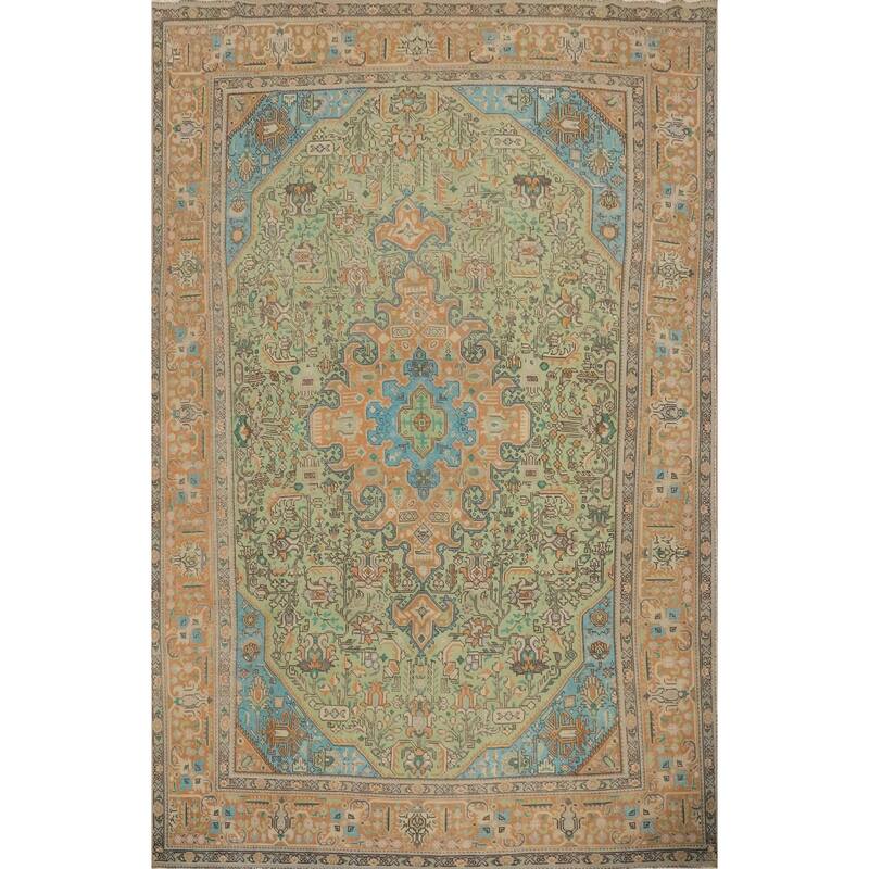 Hand Knotted Oriental 100% Wool Carpet Traditional Floral Green Tabriz Area Rug - 12' 2'' X 9' 4''