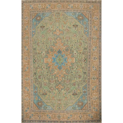 Hand Knotted Oriental 100% Wool Carpet Traditional Floral Green Tabriz Area Rug - 12' 2'' X 9' 4''