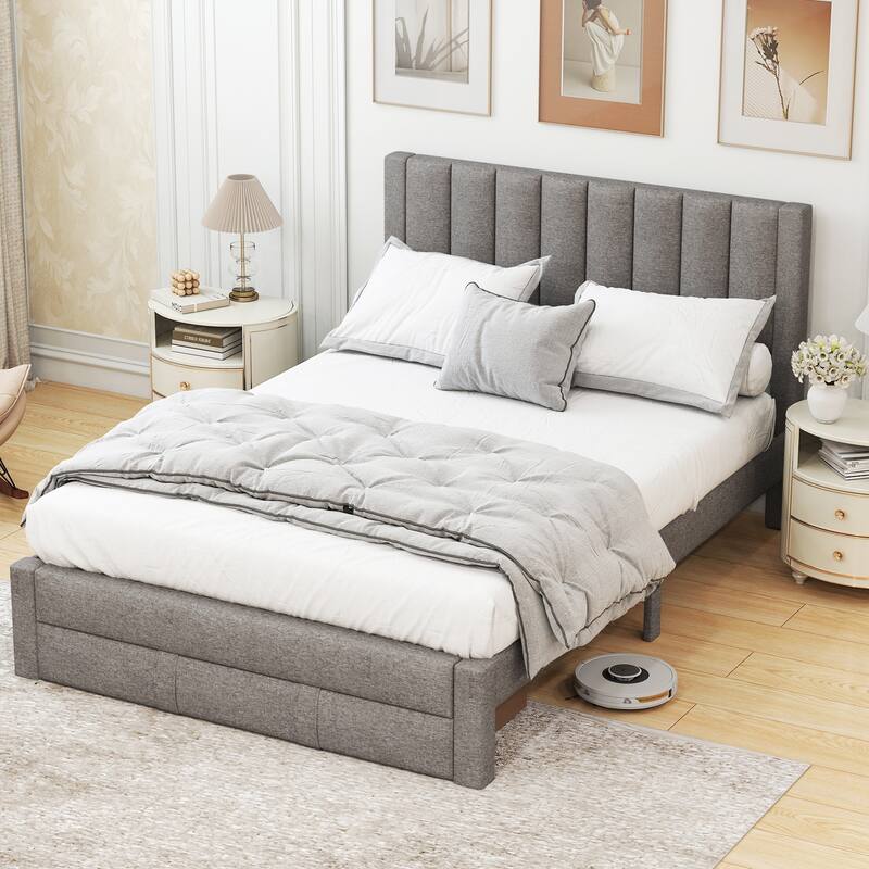 Gymax Queen Size Bed Frame w/Storage Drawer & Vertical Channel