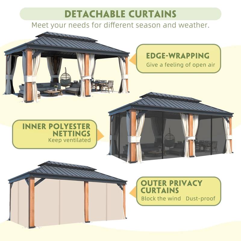 Premium Outdoor Gazebo Pergola with Galvanized Steel Roof, Wooden Coated Aluminum Frame, Privacy Curtains, and Nettings Included