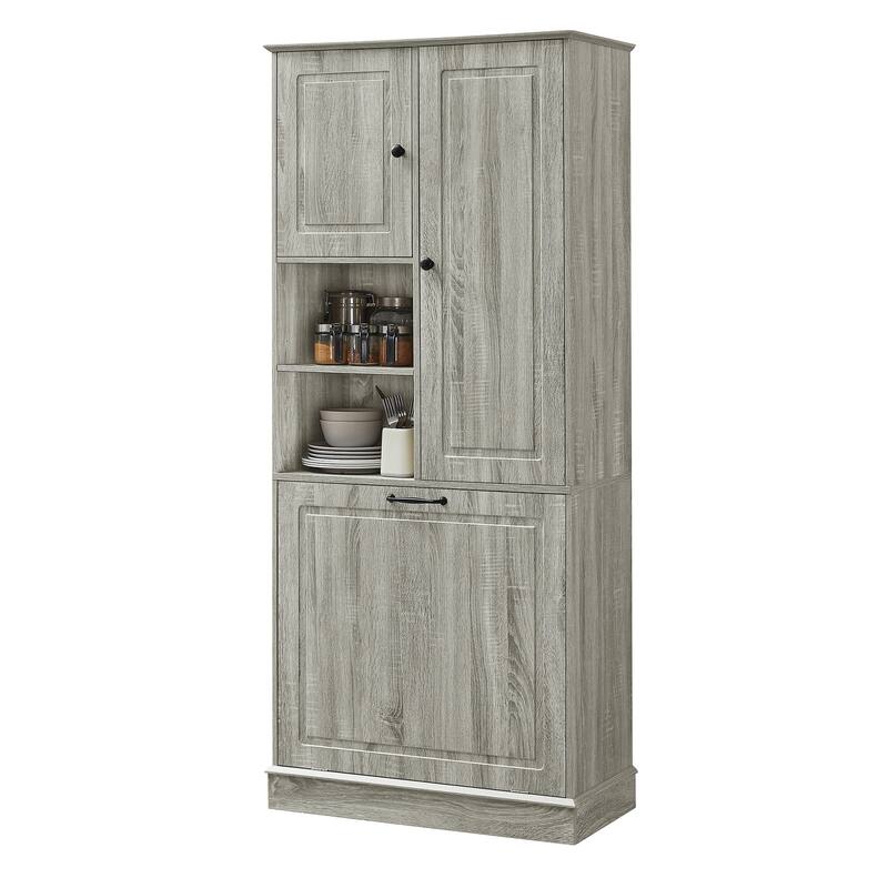 Tall Storage Cabinet with Adjustable Shelves, Flip-Out Basket & Enclosed Doors