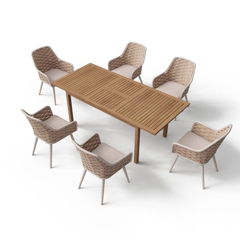 Outdoor Extendable Acacia Dining Set with 6 Rope-Back Chairs