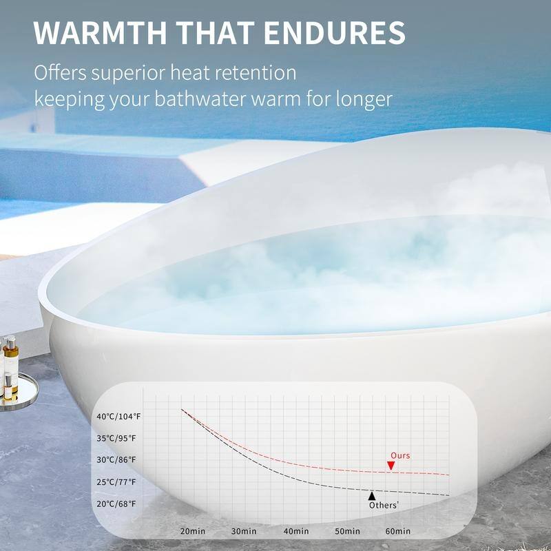 ABRUZZO 63" Freestanding Solid Surface Soaking Bathtub with Overflow & Pop-up Drain in Glossy White