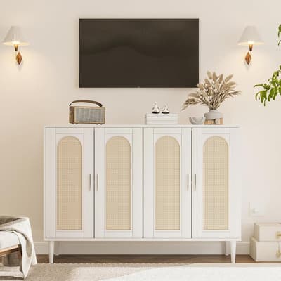 Rattan Sideboard Buffet Cabinet, 4 Doors Accent Storage Cabinet