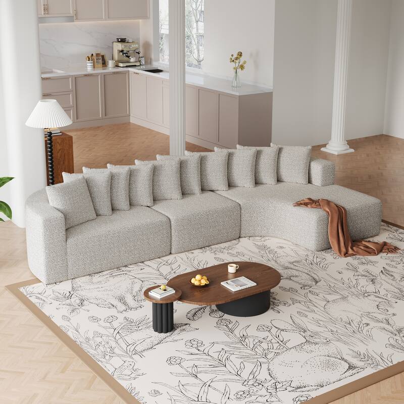 Living Room Chenille Corner Couch Curved Sectional Sofa with Chaise and 10 Pillows, Floor Standing Modular Compressed Sofa