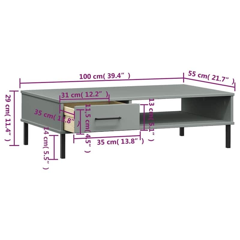 vidaXL Coffee Table Accent Side Sofa End Table with Metal Legs Solid Wood OSLO - 39.4" x 21.7" x 11.4"