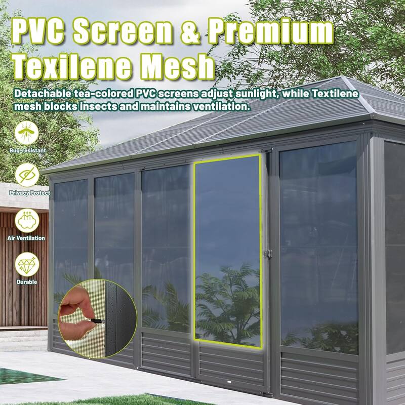 GDFStudio - Terry Four-Season Aluminum Sunroom Gazebo with Sliding Doors, Steel Roof, and Screen Panels for Patio