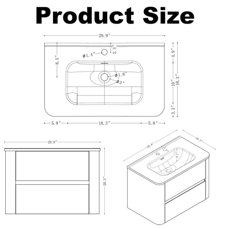 Bathroom Vanity with Sink Wall Mounted Cabinet with 2 Fluted Drawers - 30" W x 20.47" H