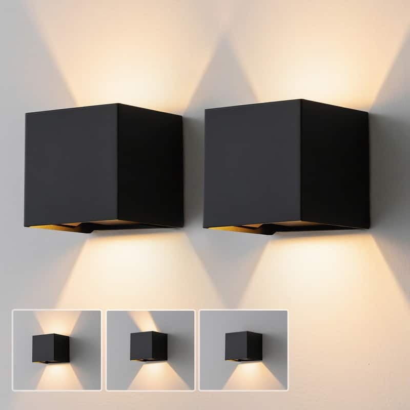 Modern Led Wall Sconces (2-pack), Black Square Up Down Lights, Ip65 Waterproof Aluminum Fixtures For Indoor/outdoor Use - 20W - Black