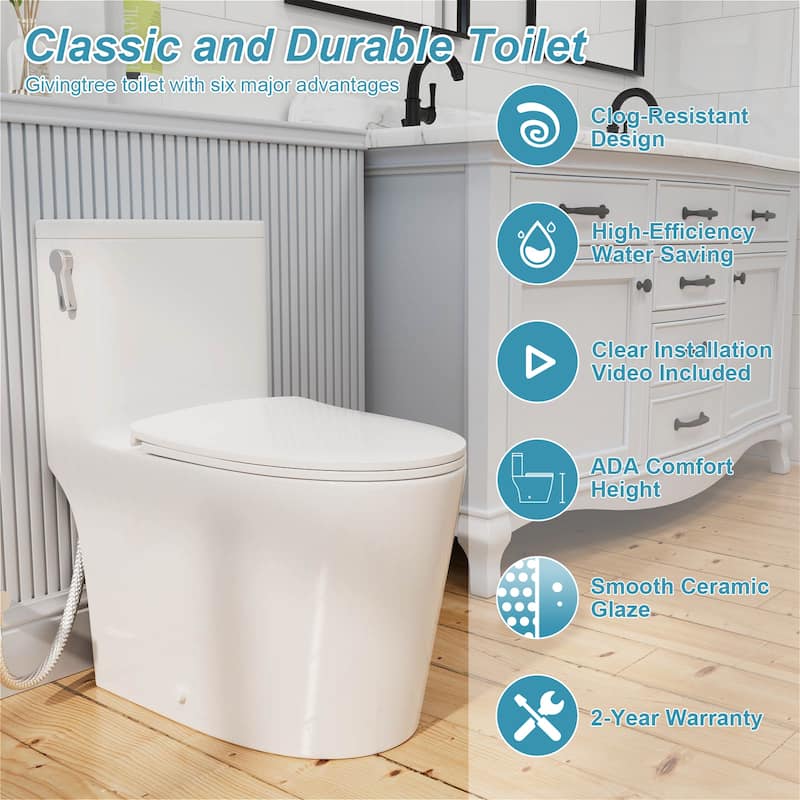 One-piece 1.0/1.28 GPF High Efficiency Dual Flush Elongated Toilet in Gloss White