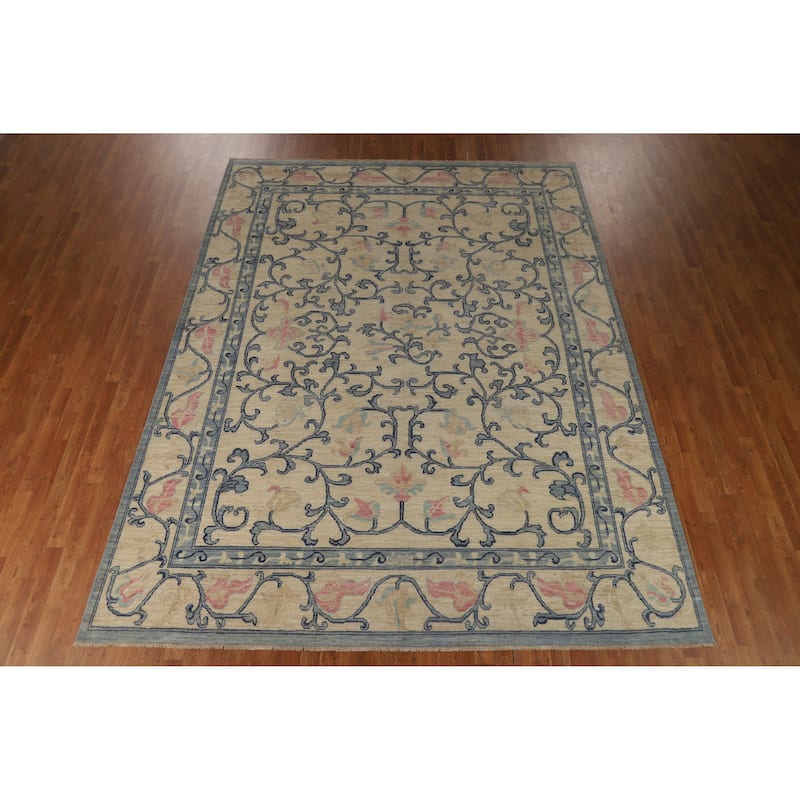 Hand Knotted Oriental 100% Wool Carpet Transitional All-Over Beige & Ivories Oushak Area Rug - 11' 9'' X 8' 10''
