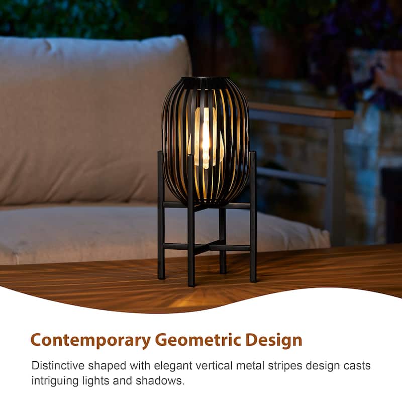 Glitzhome Set of 2 Outdoor Black Metal Striped Solar Lantern Floor Lamp