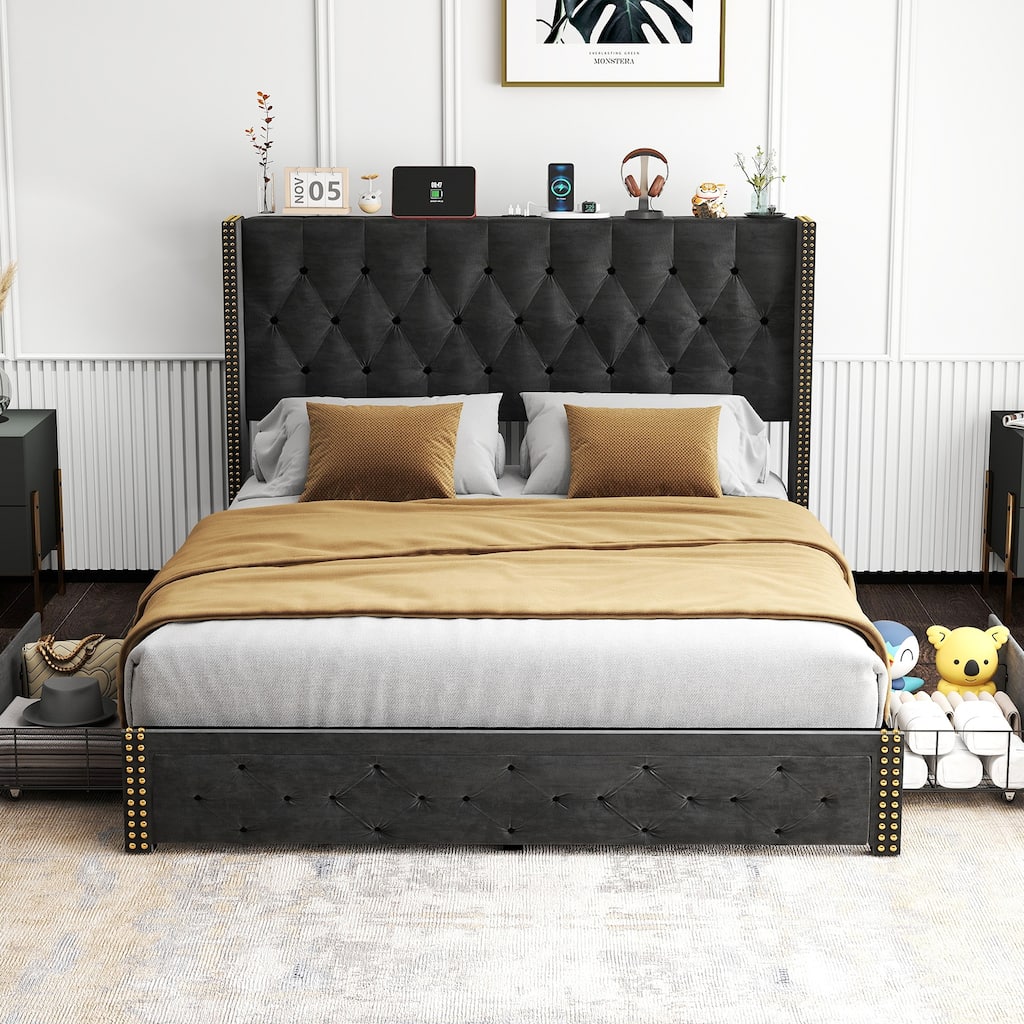 Queen Size Platform Bed Frame with Velvet Headboard, Storage Drawers, and Charging Station