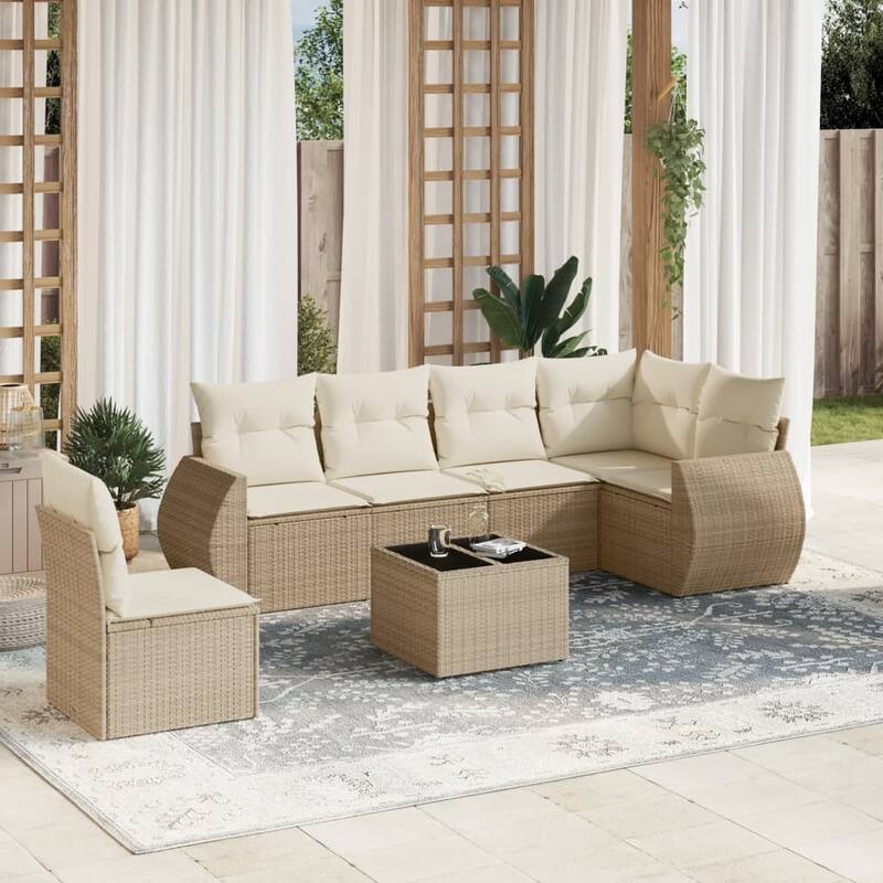 vidaXL Patio Sofa Set with Cushions Outdoor Conversation Furniture Poly Rattan - Beige and cream - 21.7 x 21.7 x 14.6