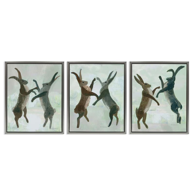 Stupell Battling Hares in Neutral Tones Framed Floater Canvas Wall Art Design By Kay Widdowson (Set of 3) - 25 x 31 - Grey