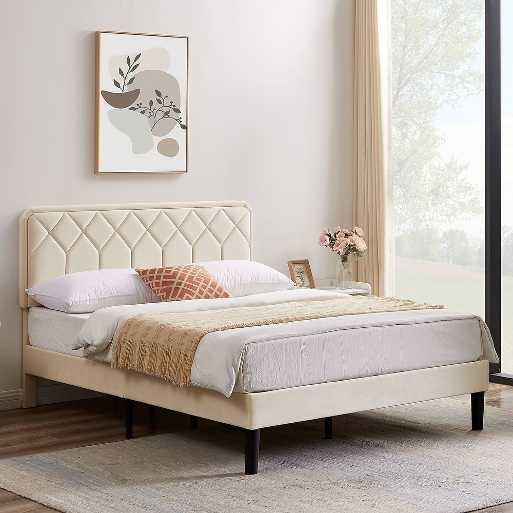 VECELO Upholstered Beige Bed Frame with Adjustable Height Headboard Twin/Full/Queen Size No Box Spring Needed Platform Bed