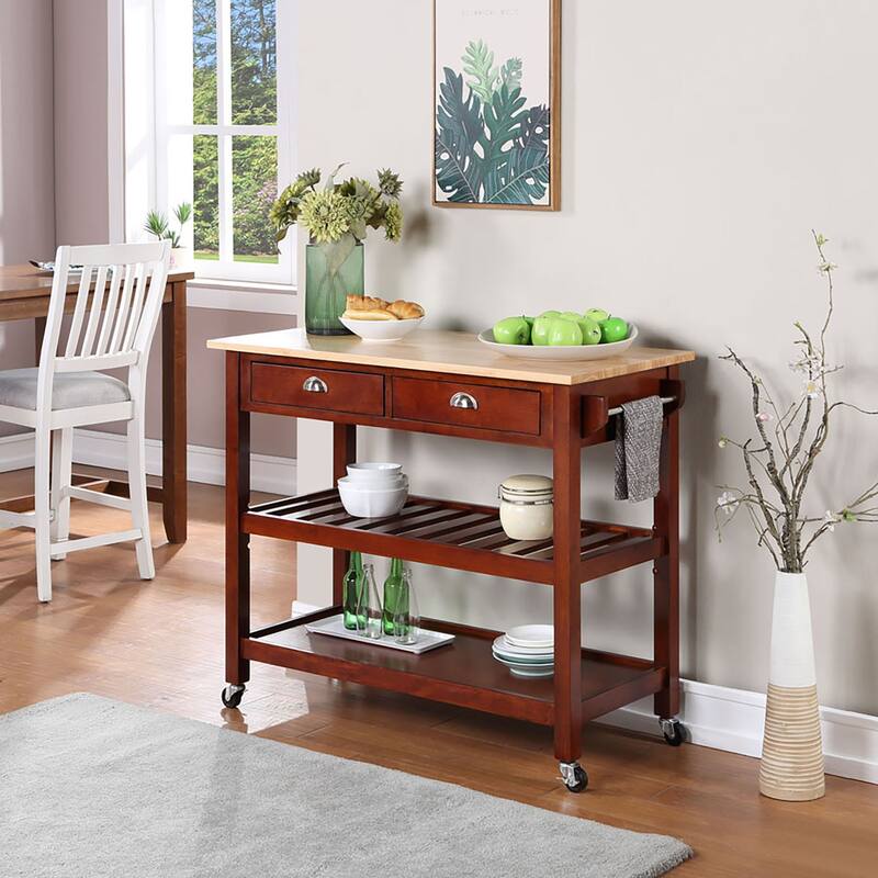 Convenience Concepts American Heritage 3 Tier Butcher Block Kitchen Cart with Drawers - Butcher Block/Mahogany